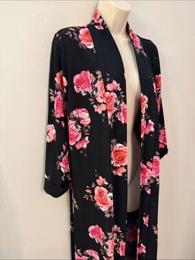 Black Floral Long Robe with Pink Rose Print